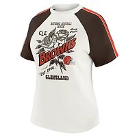 T-shirt raglan blanc à rayures et manches vieillies pour femme WEAR by Erin Andrews des Cleveland Browns