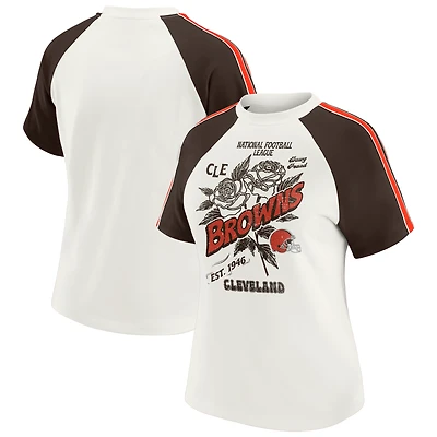 T-shirt raglan blanc à rayures et manches vieillies pour femme WEAR by Erin Andrews des Cleveland Browns