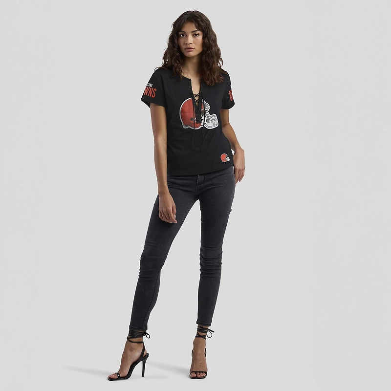 Women's WEAR by Erin Andrews x Gracie Hunt Black Cleveland Browns Draft Me Lace-Up T-Shirt