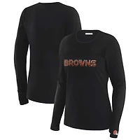 T-shirt à manches longues et empiècement en maille noire Cleveland Browns WEAR by Erin Andrews x Gracie Hunt pour femme