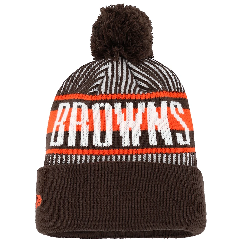 Bonnet en tricot à revers rayé Cleveland Browns New Era marron avec pompon pour jeune