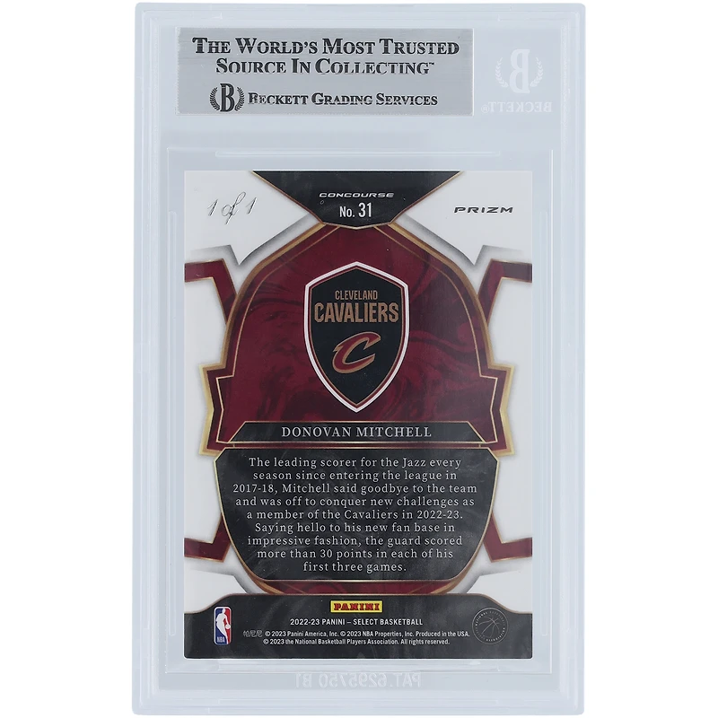 Donovan Mitchell Cleveland Cavaliers Autographed 2022-23 Panini Select Black White & Gold Prizm Light Blue Ink #31 #1/1 Beckett Fanatics Witnessed Authenticated Card