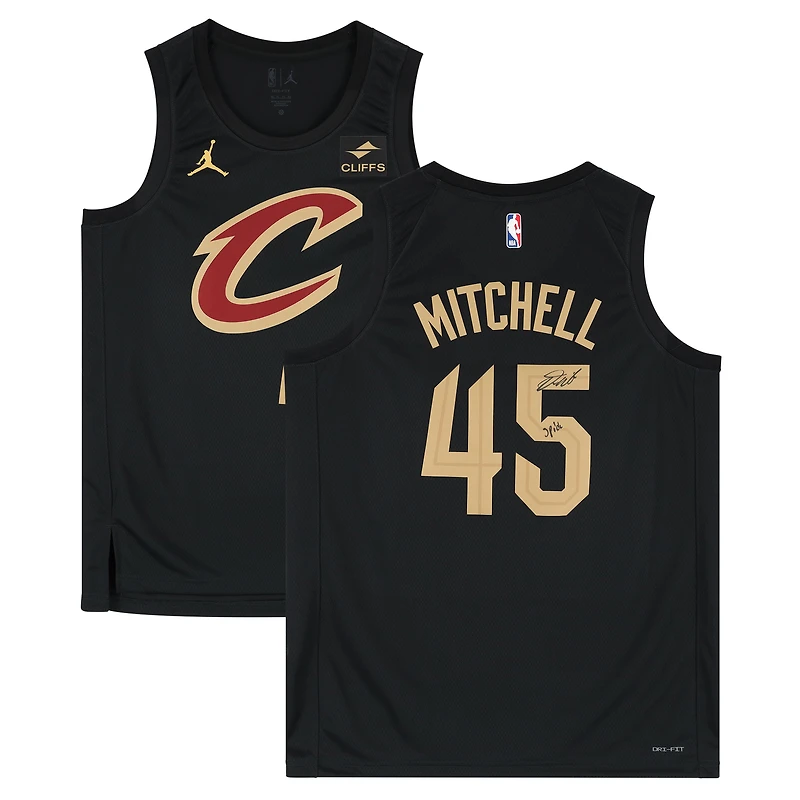 Maillot Swingman Jordan Brand 2022-23 noir autographié par Donovan Mitchell des Cleveland Cavaliers avec inscription « Spida »