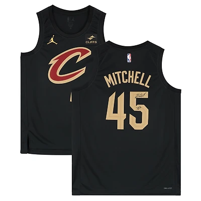 Maillot Swingman Jordan Brand 2022-23 noir autographié par Donovan Mitchell des Cleveland Cavaliers avec inscription « Spida »