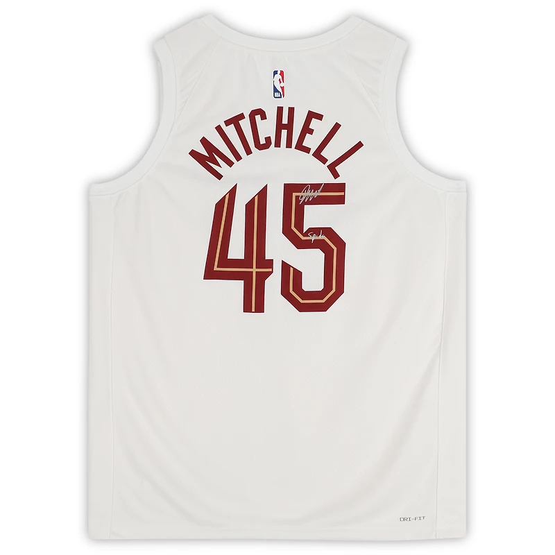 Maillot Swingman Nike blanc autographié par Donovan Mitchell des Cleveland Cavaliers 2022-23 Association Edition avec inscription « Spida »