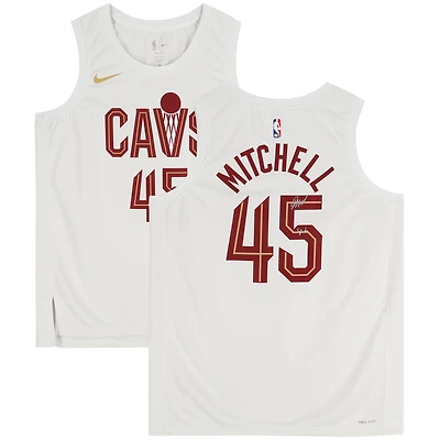 Maillot Swingman Nike blanc autographié par Donovan Mitchell des Cleveland Cavaliers 2022-23 Association Edition avec inscription « Spida »
