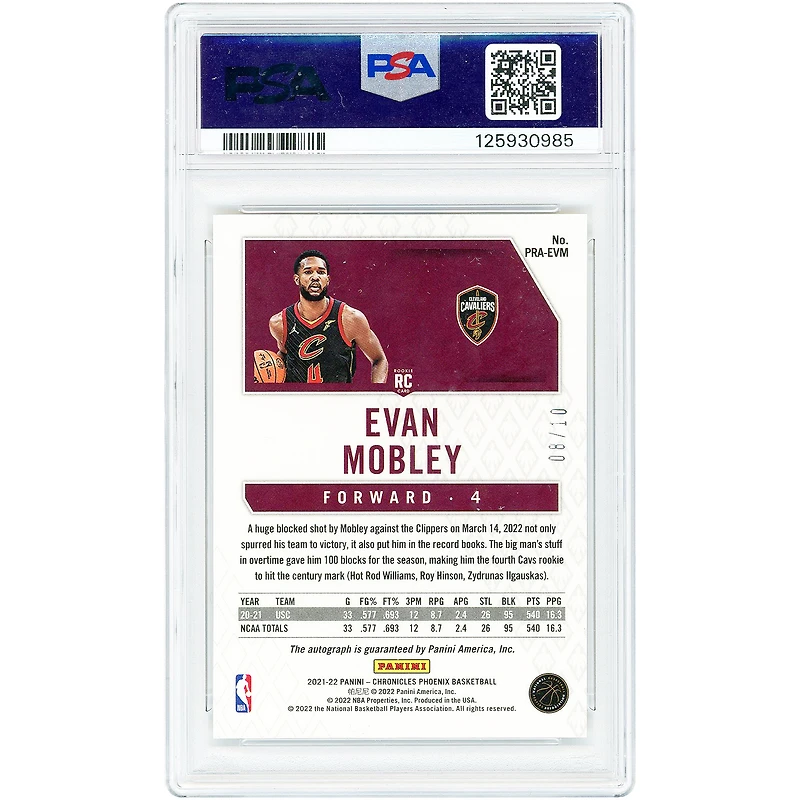 Evan Mobley Cleveland Cavaliers Autographed 2021-22 Panini Chronicles Phoenix Gold Prizm #PRA-EVM #8/10 PSA Authenticated 10 Rookie Card