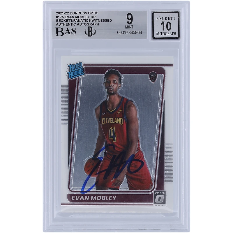 Carte de recrue Panini Donruss Optic n° 175 autographiée par Evan Mobley des Cleveland Cavaliers 2021-22, Beckett Fanatics, authentifiée et 9/10
