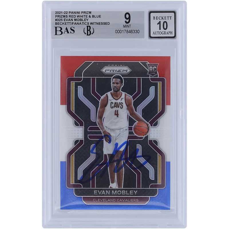 Carte de recrue autographiée 9/10 Panini Prizm rouge, blanc et bleu 2021-22 par Evan Mobley des Cleveland Cavaliers, Prizm n° 325, Beckett Fanatics, témoin