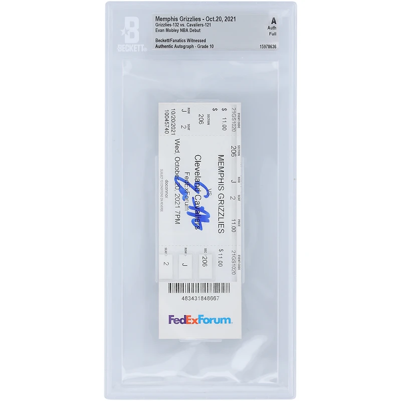 Billet de début NBA autographié par Evan Mobley pour les Cleveland Cavaliers - BAS Authenticated Graded 10