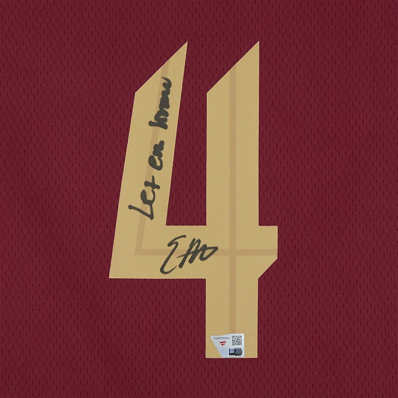 Maillot Swingman Nike Icon Edition rouge 2022-23 autographié par Evan Mobley des Cleveland Cavaliers avec inscription « Let Em Know ».