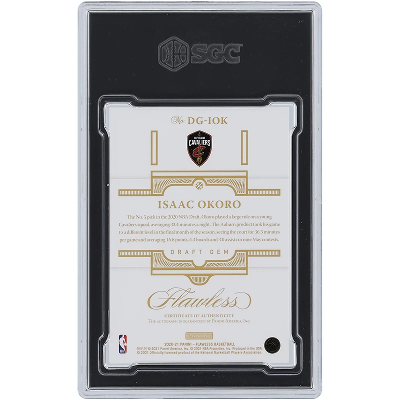 Carte de recrue authentifiée 9,5/10 Panini Flawless Draft Gem Emerald #DG-IOK #5/5 SGC autographiée par Isaac Okoro des Cleveland Cavaliers 2020-21
