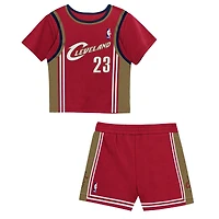 Toddler Mitchell & Ness LeBron James Burgundy Cleveland Cavaliers 2-Piece Play by Place T-Shirt Shorts Set