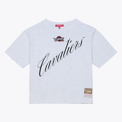 Women's Mitchell & Ness Heather Gray Cleveland Cavaliers Script Crop Boxy T-Shirt