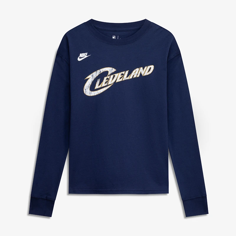 T-shirt à manches longues Nike Max90 pour jeunes, bleu marine, Cleveland Cavaliers Hardwood Classics, logo essentiel