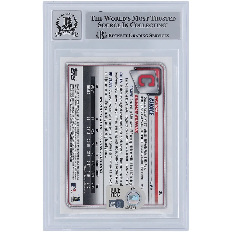 Carte de recrue 9/10 authentifiée signée Aaron Civale Cleveland Guardians Bowman Chrome #36 Beckett 2020