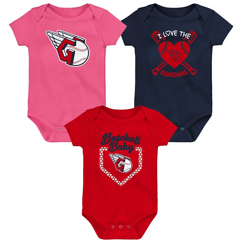 Ensemble de 3 bodies pour bébé Cleveland Guardians (bleu marine, rouge et rose)