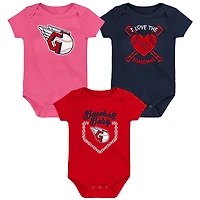 Ensemble de 3 bodies pour bébé Cleveland Guardians (bleu marine, rouge et rose)