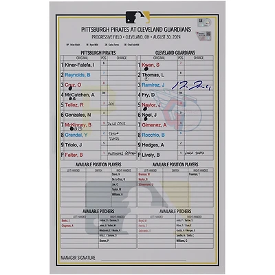 Jose Ramirez Cleveland Guardians Autographed Game-Used Lineup Card vs. Pittsburgh Pirates on August 30, 2024