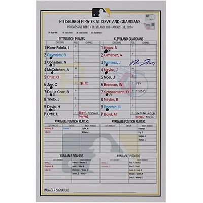 Carte de composition d'équipe autographiée par José Ramirez, gardiens de Cleveland, lors du match contre les Pirates de Pittsburgh, le 31 août 2024