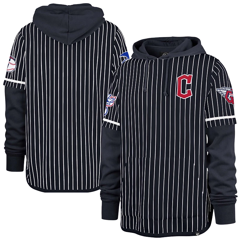 Men's '47  Navy Cleveland Guardians Pinstripe Double Header Pullover Hoodie