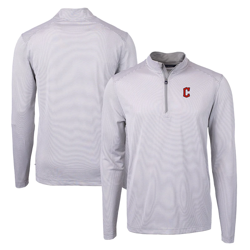 Pull-over zippé recyclé à micro-rayures et col rond pour homme, gris/blanc, Cutter & Buck, des Cleveland Guardians, Virtue Eco Pique, de grande taille