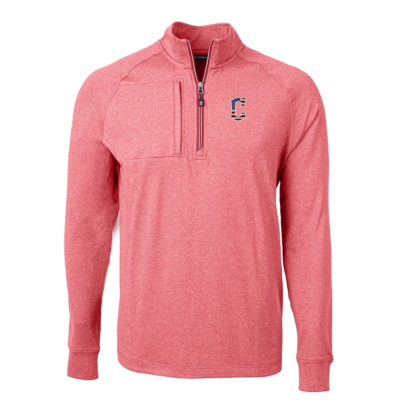 Pull-over zippé quart de tour en tricot extensible recyclé Adapt Eco Knit pour homme, couleur rouge chiné, logo Americana des Cleveland Guardians, coupe Cutter & Buck, taille grande et