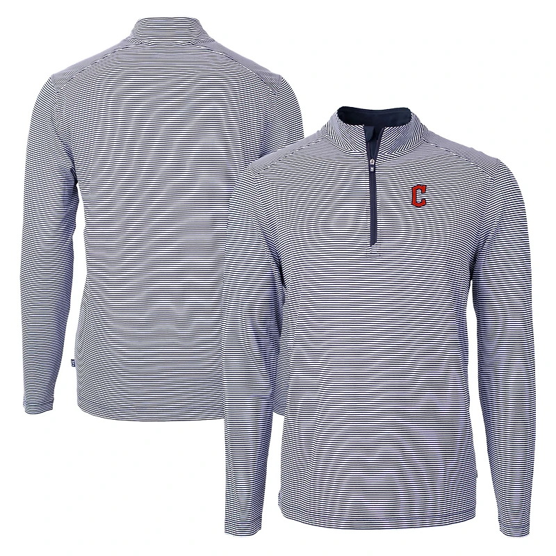 Pull-over zippé quart de tour en piqué écologique à micro-rayures pour homme, bleu marine/blanc, des Cleveland Guardians, Cutter & Buck, couleur grande taille et recyclé.