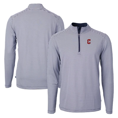 Pull-over zippé quart de tour en piqué écologique à micro-rayures pour homme, bleu marine/blanc, des Cleveland Guardians, Cutter & Buck, couleur grande taille et recyclé.