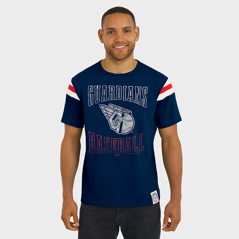 T-shirt à rayures et manches vieillies pour homme, collection Darius Rucker par Fanatics, bleu marine, des Cleveland Guardians
