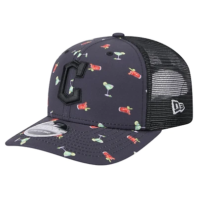 Men's New Era Black Cleveland Guardians Adventure Drinks Pattern 9SEVENTY Stretch-Snap Hat