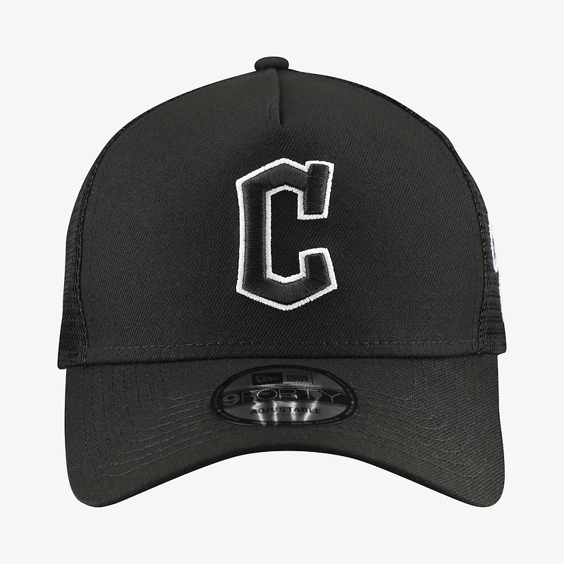 Men's New Era Black Cleveland Guardians Side Script 9FORTY A-Frame Trucker Adjustable Hat
