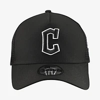 Men's New Era Black Cleveland Guardians Side Script 9FORTY A-Frame Trucker Adjustable Hat