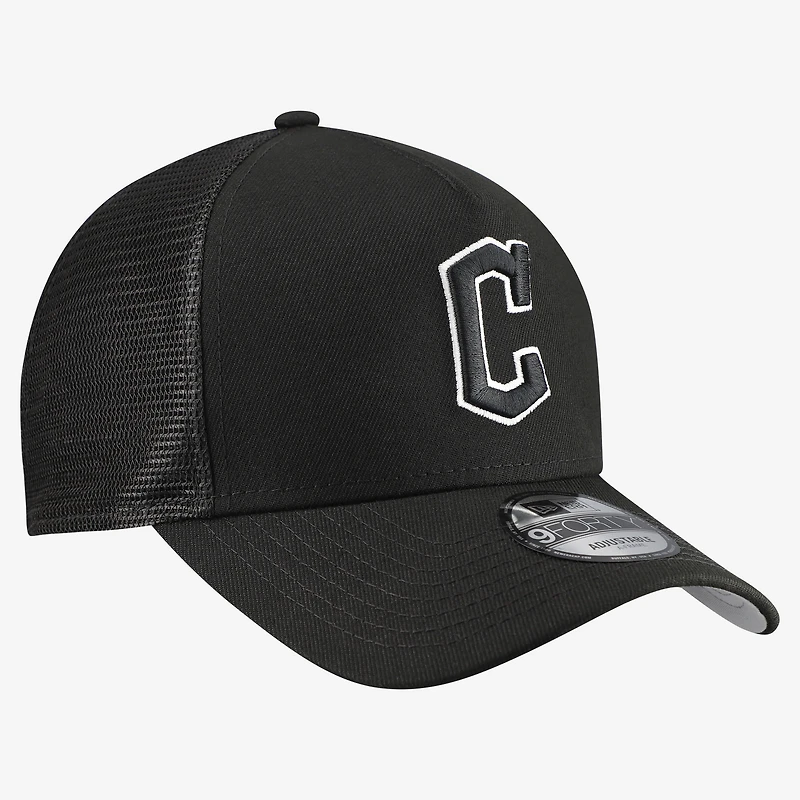 Men's New Era Black Cleveland Guardians Side Script 9FORTY A-Frame Trucker Adjustable Hat