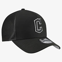 Men's New Era Black Cleveland Guardians Side Script 9FORTY A-Frame Trucker Adjustable Hat