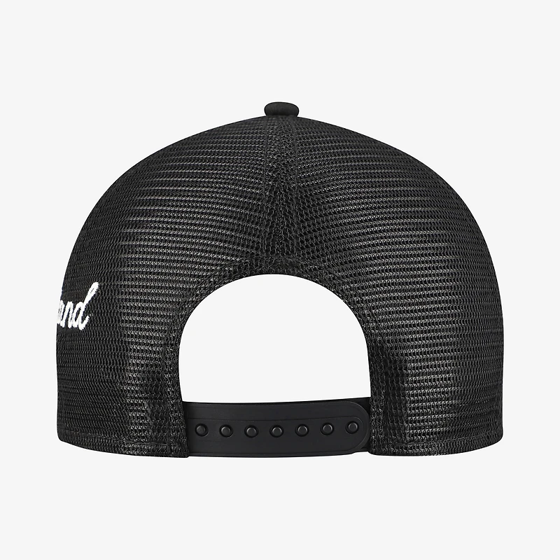 Men's New Era Black Cleveland Guardians Side Script 9FORTY A-Frame Trucker Adjustable Hat
