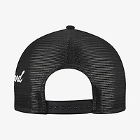 Men's New Era Black Cleveland Guardians Side Script 9FORTY A-Frame Trucker Adjustable Hat