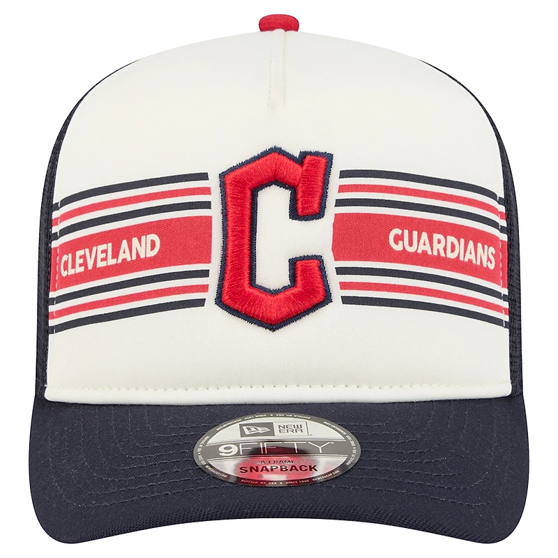 Men's New Era Cream/Navy Cleveland Guardians Banner A-Frame 9FIFTY Trucker Snapback Hat