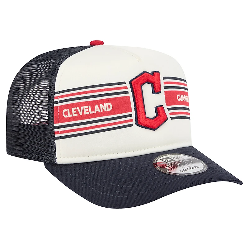 Men's New Era Cream/Navy Cleveland Guardians Banner A-Frame 9FIFTY Trucker Snapback Hat
