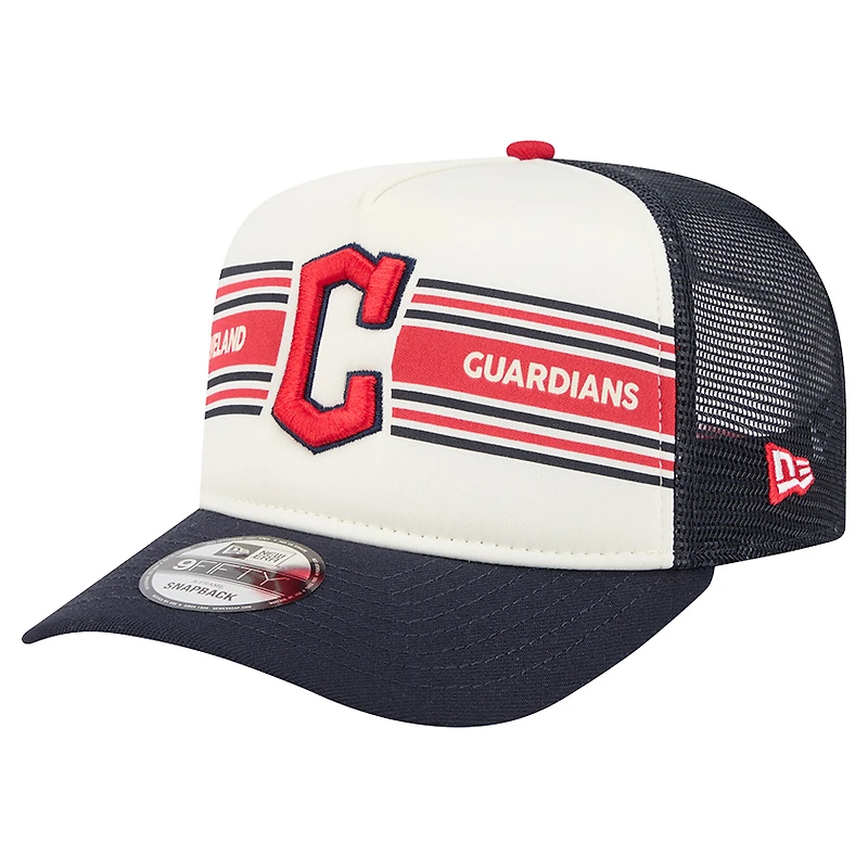 Men's New Era Cream/Navy Cleveland Guardians Banner A-Frame 9FIFTY Trucker Snapback Hat