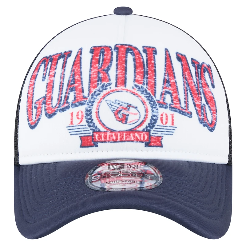 Men's New Era White/Navy Cleveland Guardians Distressed 9FORTY A-Frame Adjustable Trucker Hat