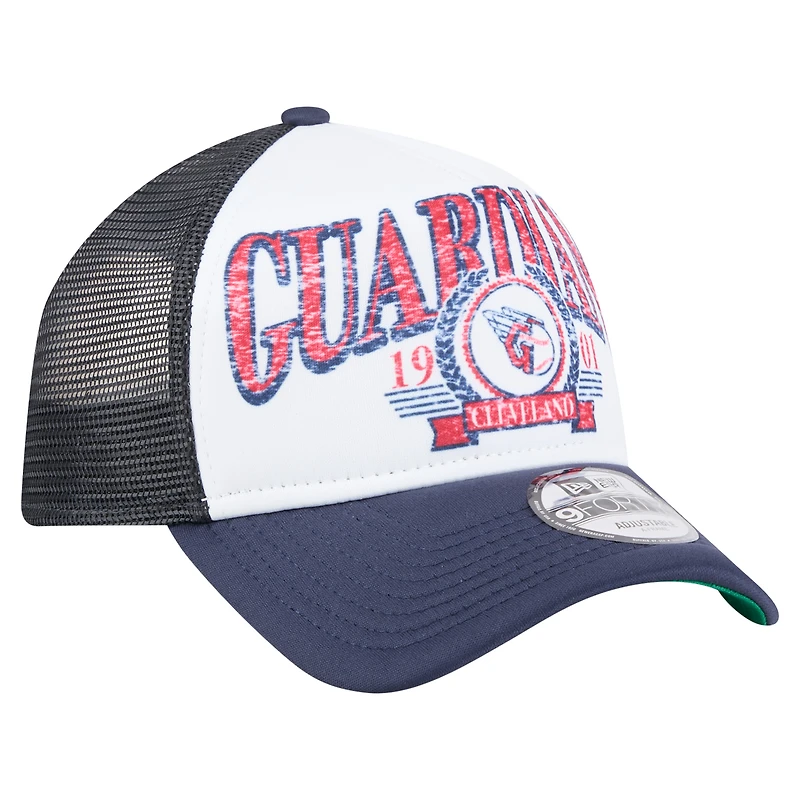 Men's New Era White/Navy Cleveland Guardians Distressed 9FORTY A-Frame Adjustable Trucker Hat