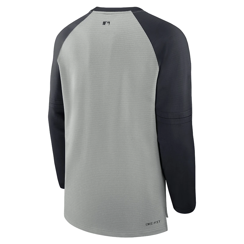 Men's Nike Heather Gray/Navy Cleveland Guardians Authentic Collection Game Time Raglan Performance Long Sleeve T-Shirt