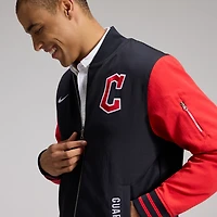 Veste aviateur Nike bleu marine/rouge Cleveland Guardians Authentic Collection Dugout pour homme, coupe décontractée, entièrement zippée