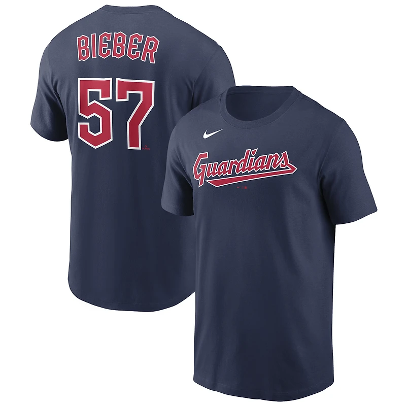 T-shirt Nike Shane Bieber pour hommes, bleu marine, nom et numéro des Cleveland Guardians