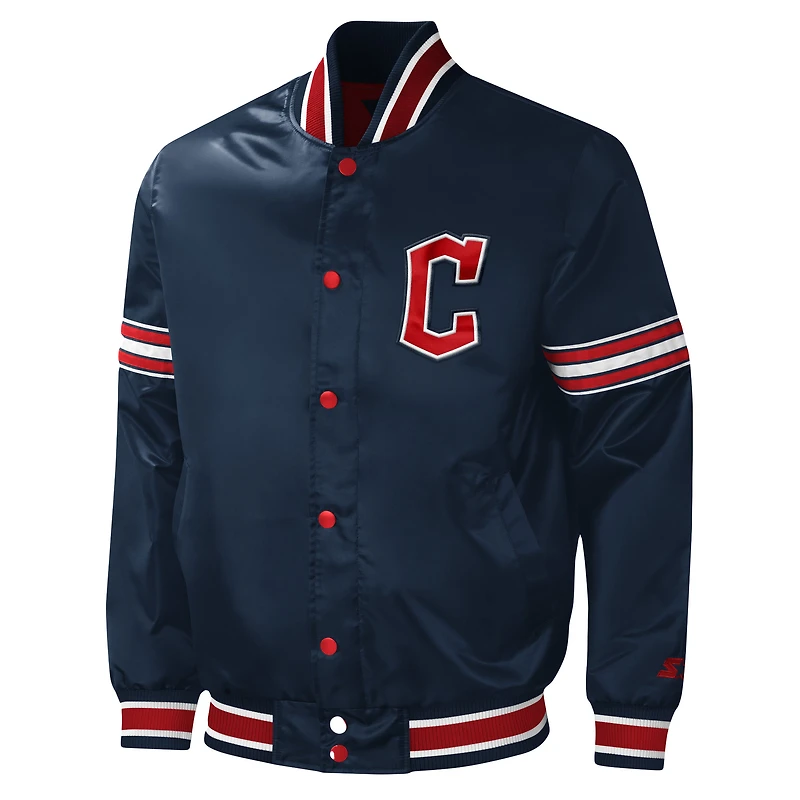 Men's Starter Navy Cleveland Guardians Midfield Satin Full-Snap Varsity Jacket