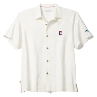 Chemise boutonnée Tommy Bahama blanche Cleveland Guardians Island Fly Ball Camp pour homme, en mélange de trois fibres COOLMAX.