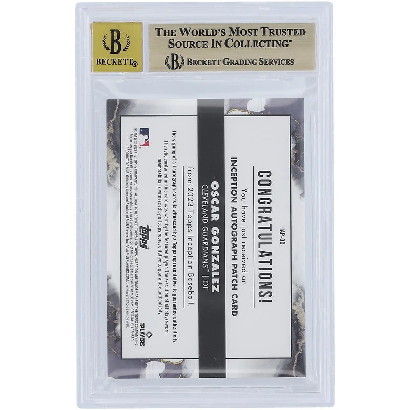 Carte de recrue authentifiée 10/10 Topps Inception Nike Swoosh #IAP-OG #1/1 BGS 2023 autographiée par Oscar Gonzalez des Cleveland Guardians - Sous-grades 10, 9, 5, 10, 10