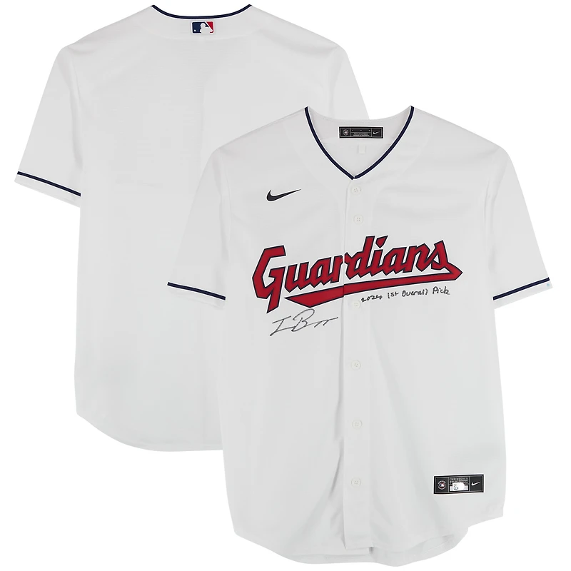 Maillot réplique blanc Nike des Cleveland Guardians, autographié par Travis Bazzana, avec inscription « 1er choix de la draft 2024 » - Signature sur le devant