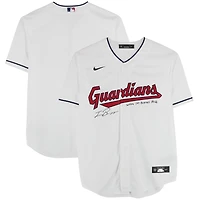 Maillot réplique blanc Nike des Cleveland Guardians, autographié par Travis Bazzana, avec inscription « 1er choix de la draft 2024 » - Signature sur le devant